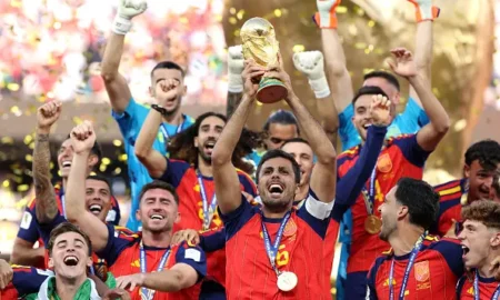 Spain players lift World Cup trophy